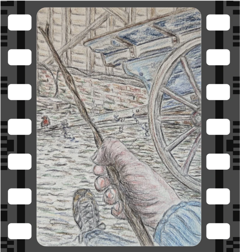 Man with stick enticing robin illustration